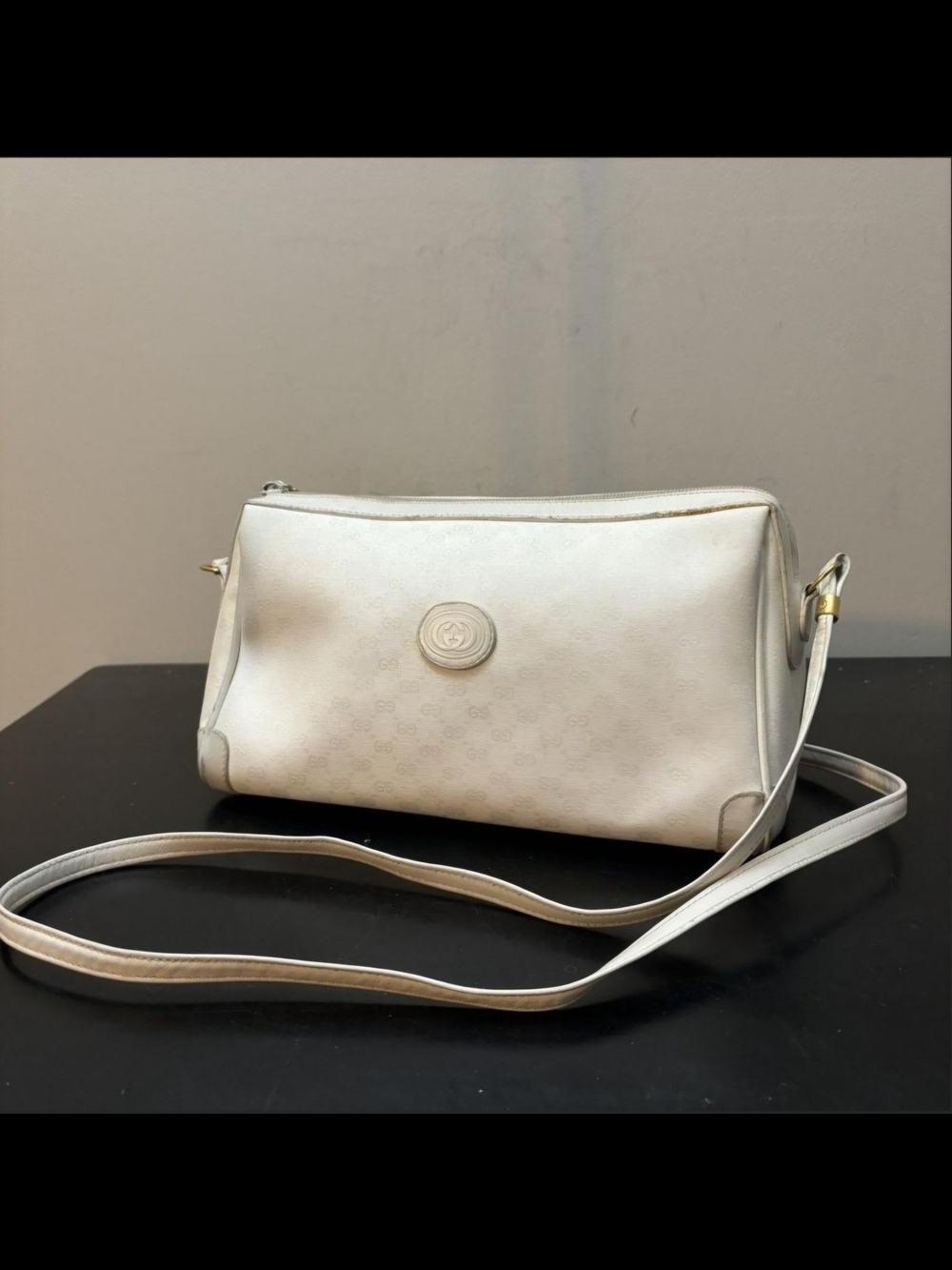 Gucci GG Monogram Canvas Leather Shoulder Bag White Vintage
